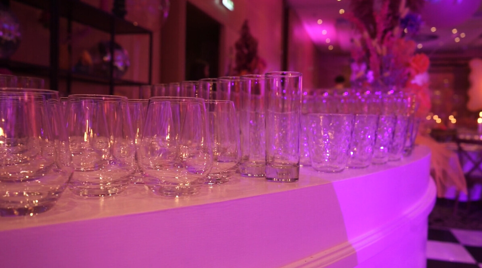 Rows of glassware prepared at the Director’s Cut gala bar.
